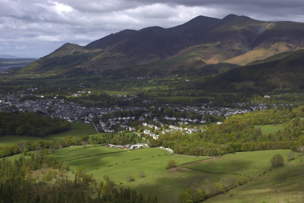 England, Cumbria, Lake District National Park. View looking towards the town of Keswick and the Skiddaw mountain.