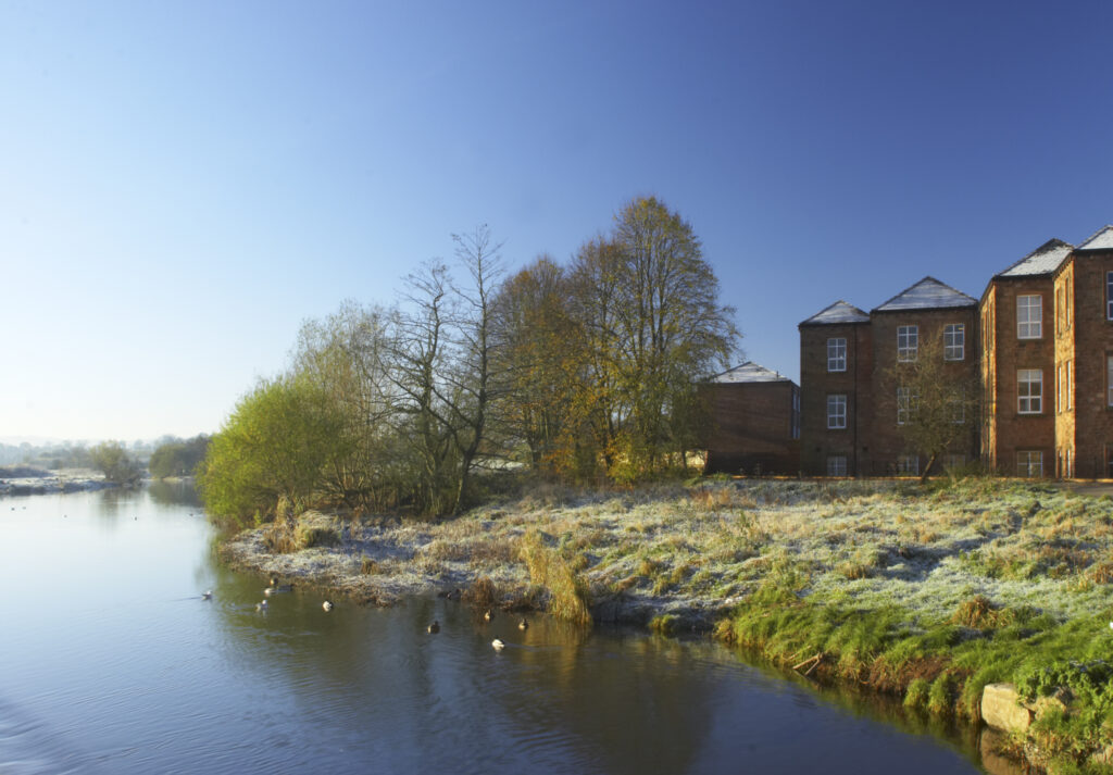 England, Cumbria, Carlisle. The river Caldrew near the city of Carlisle, on a frosty winter morning.