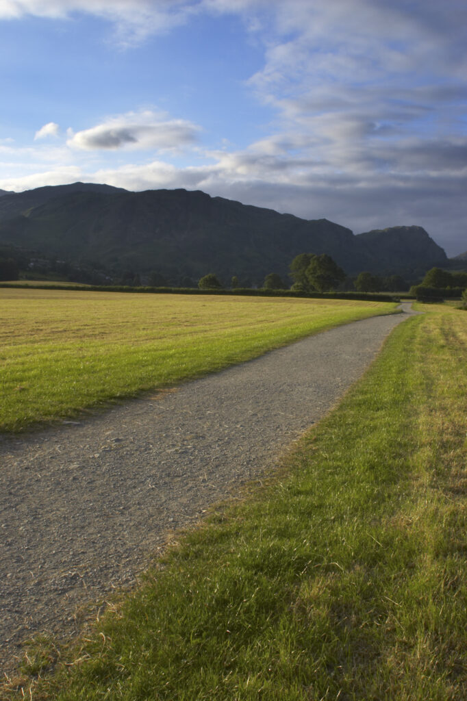 England, Cumbria, Lake District National Park. Evening light illuminates the Cumbria Way Track near Coniston.