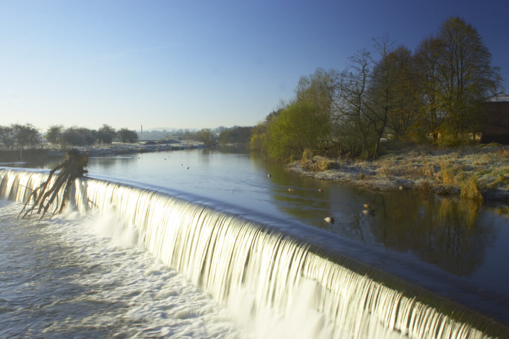 England, Cumbria, Carlisle. The river Caldrew near the city of Carlisle, on a frosty winter morning.