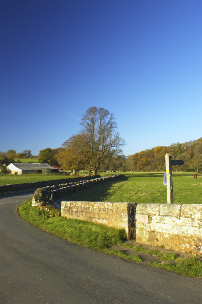 England, Cumbria, Cumbria Way Track. Country lane, fields and public footpath sign near Bell Bridge.