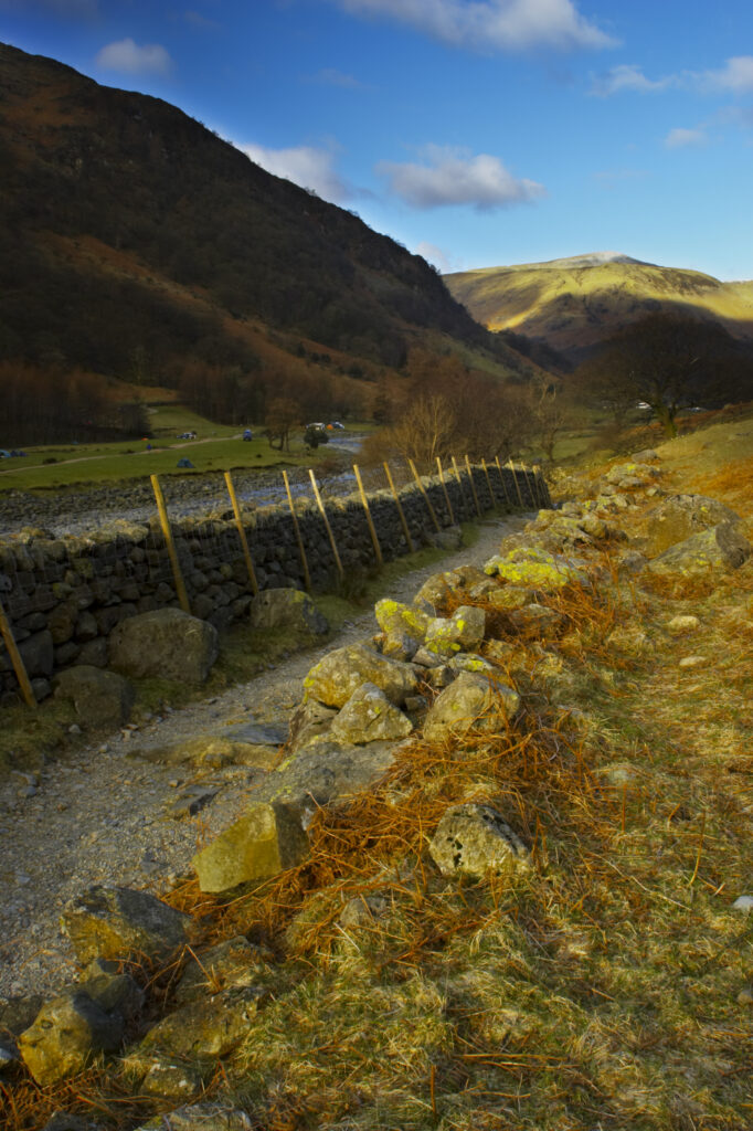 ENGLAND, Cumbria, Lake District National Park. The Cumbria Way track near Stonethwaite, running towards the Borrowdale valley.