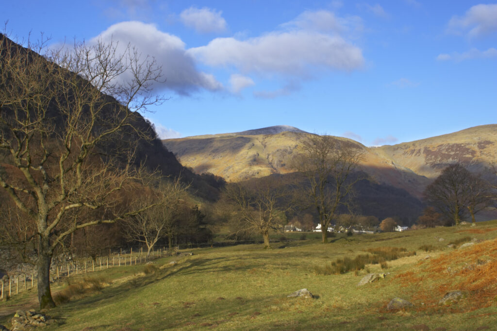 ENGLAND, Cumbria, Lake District National Park. The wild landscape of the Borrowdale valley, viewed from near Stonethwaite.