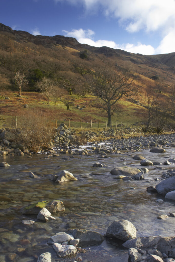 ENGLAND, Cumbria, Lake District National Park. The running waters of Stonethwaite beck with Stonethwaite fell in the distance