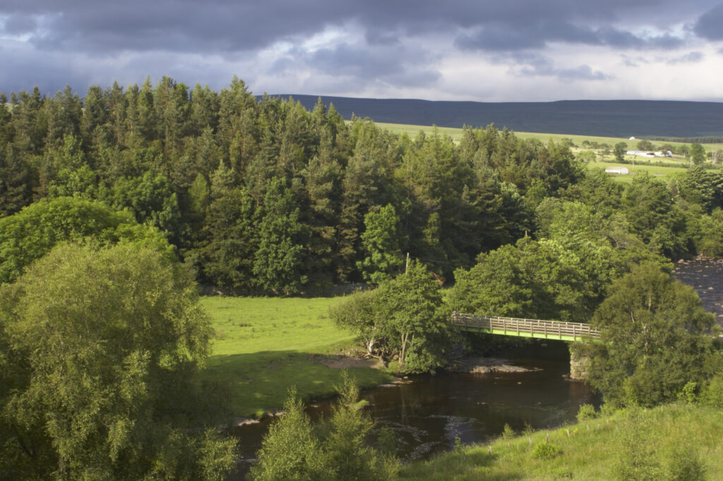 England, County Durham, River Tees. The River Tees and the north Pennines, downstream of the High Force falls in County Durham.