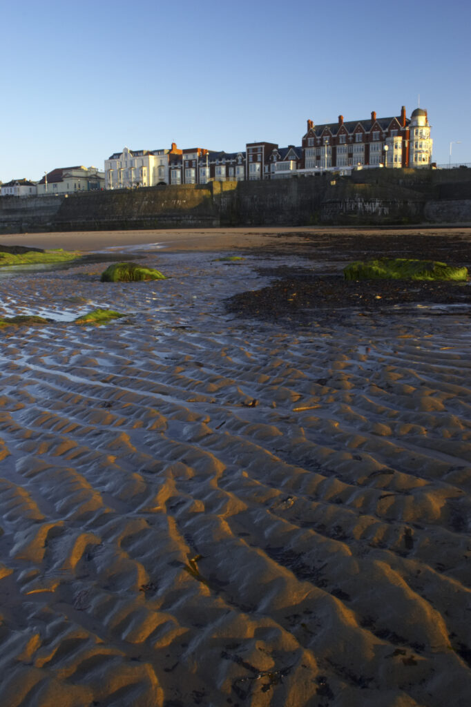England Tyne and Wear, Whitley Bay. The Rex hotel and the golden sands of the Whitley Bay sea front.