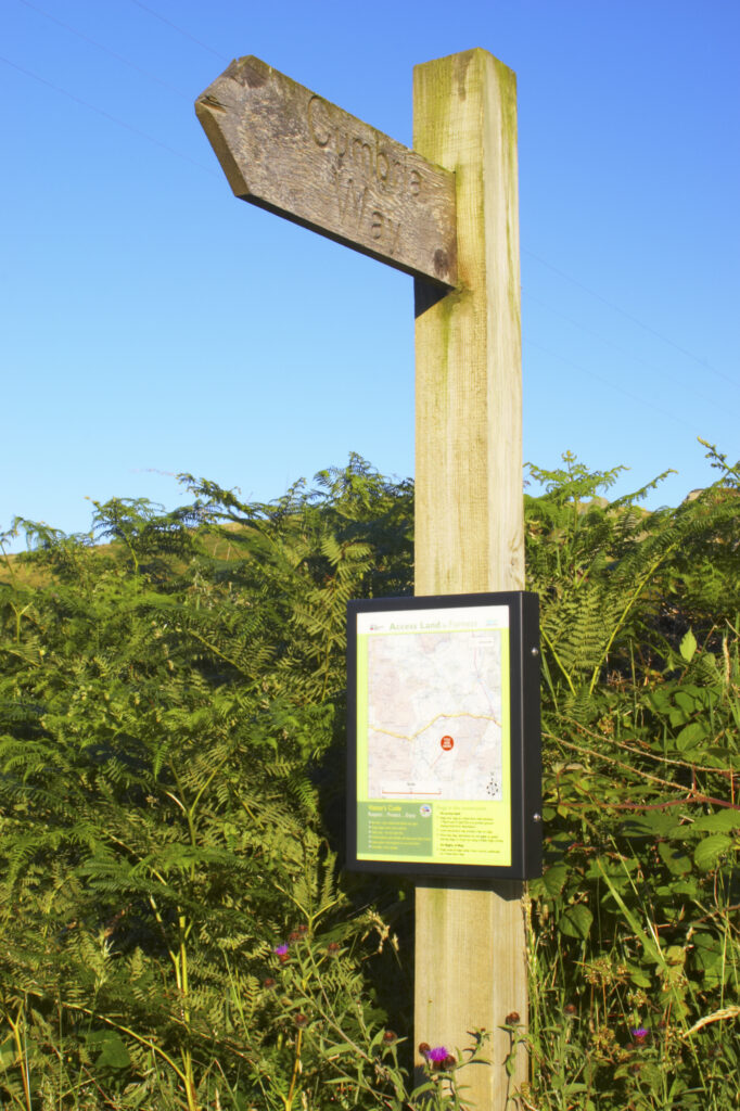 England, Cumbria, The Cumbria Way track. Public footpath sign and rights of Open Access information along the Cumbria Way track.