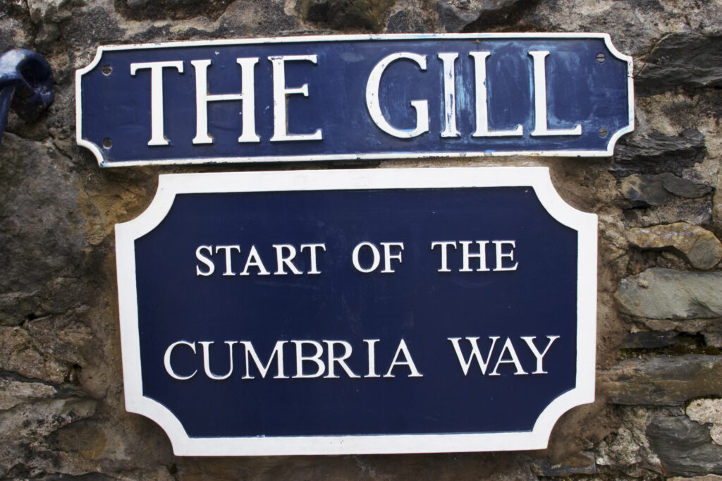 England, Cumbria, Ulverston. A sign marks the start of the Cumbria Way long distance hiking track.