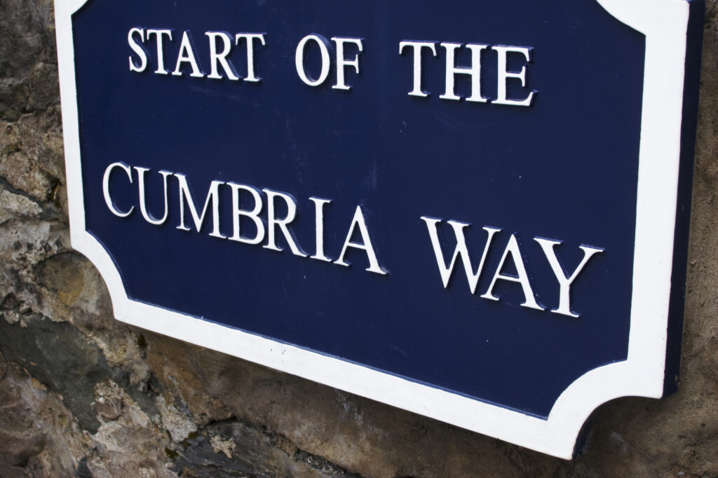 England, Cumbria, Ulverston. A sign marks the start of the Cumbria Way long distance hiking track.