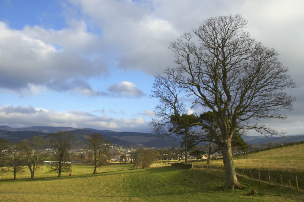Scotland, Scottish Borders, Peebles. Fields, hills and trees near the town of Peebles in the Scottish Borders.
