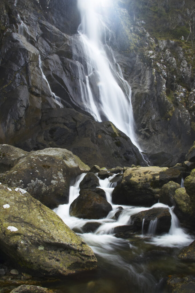 Wales, Caernarfonshire, Snowdonia National Park. The dramatic Aber Falls, within the Coedydd Aber National Nature Reserve.