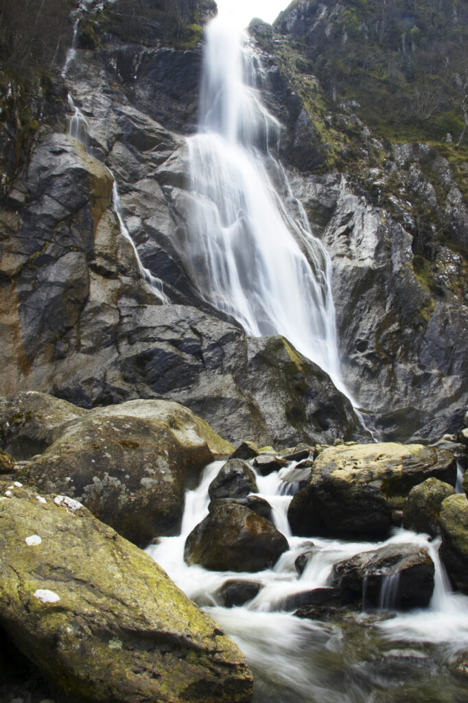 Wales, Caernarfonshire, Snowdonia National Park. The dramatic Aber Falls, within the Coedydd Aber National Nature Reserve.