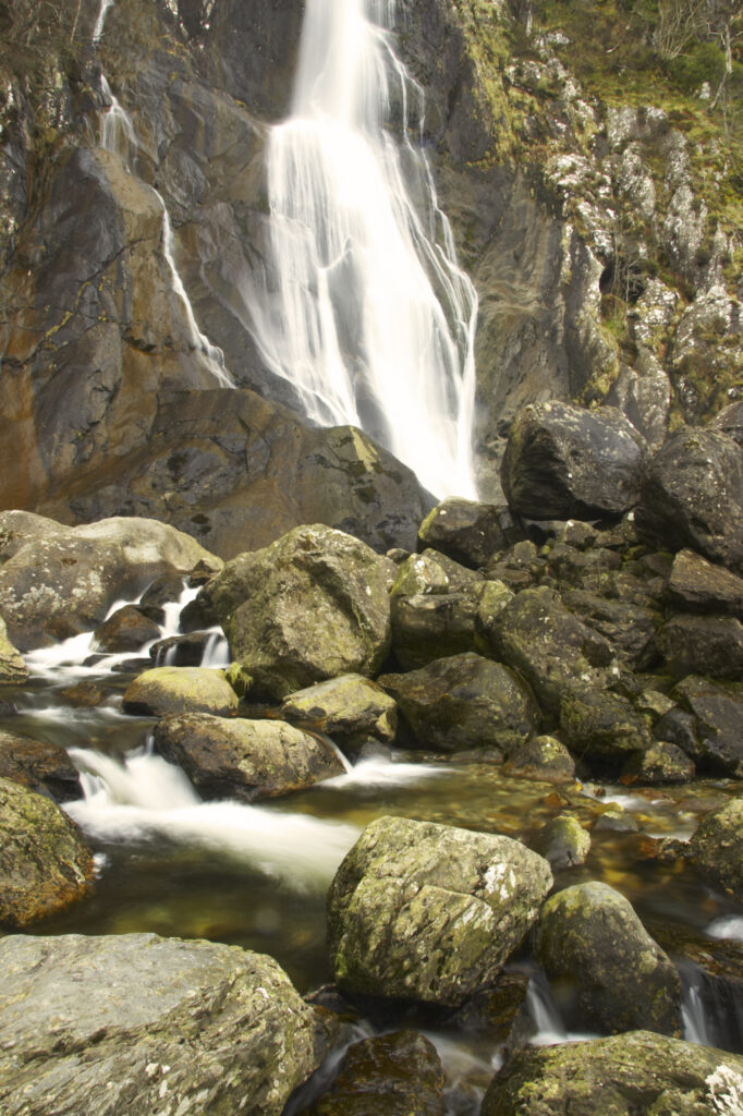 Wales, Caernarfonshire, Snowdonia National Park. The dramatic Aber Falls, within the Coedydd Aber National Nature Reserve.