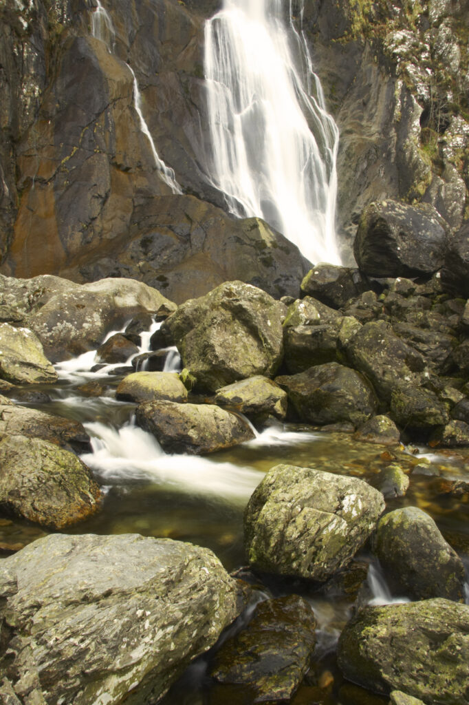 Wales, Caernarfonshire, Snowdonia National Park. The dramatic Aber Falls, within the Coedydd Aber National Nature Reserve.
