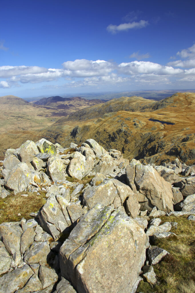Wales, Caernarfonshire, Snowdonia National Park. The dramatic landscape of the Ogwen Valley, viewed from the lower slopes of the Glyder Fach mountain.
