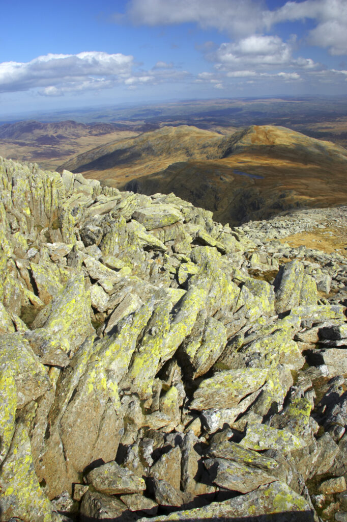 Wales, Caernarfonshire, Snowdonia National Park. The dramatic landscape of the Ogwen Valley, viewed from the lower slopes of the Glyder Fach mountain.
