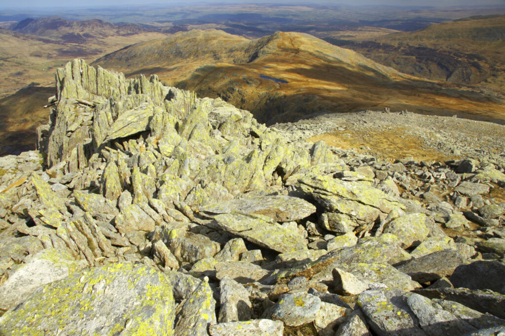 Wales, Caernarfonshire, Snowdonia National Park. The dramatic landscape of the Ogwen Valley, viewed from the lower slopes of the Glyder Fach mountain.