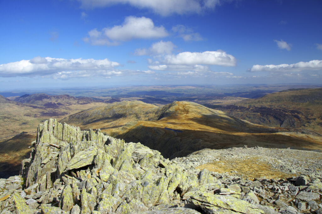 Wales, Caernarfonshire, Snowdonia National Park. The dramatic landscape of the Ogwen Valley, viewed from the lower slopes of the Glyder Fach mountain.