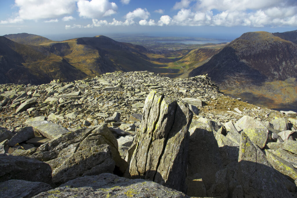 Wales, Caernarfonshire, Snowdonia National Park. The wild landscape of the Ogwen Valley, viewed from the summit of the Glyder Fach mountain.