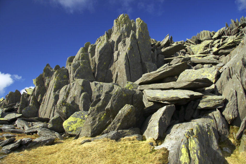 Wales, Caernarfonshire, Snowdonia National Park. A dramatic example of the geology to be found near the summit of the Glyder Fach mountain.