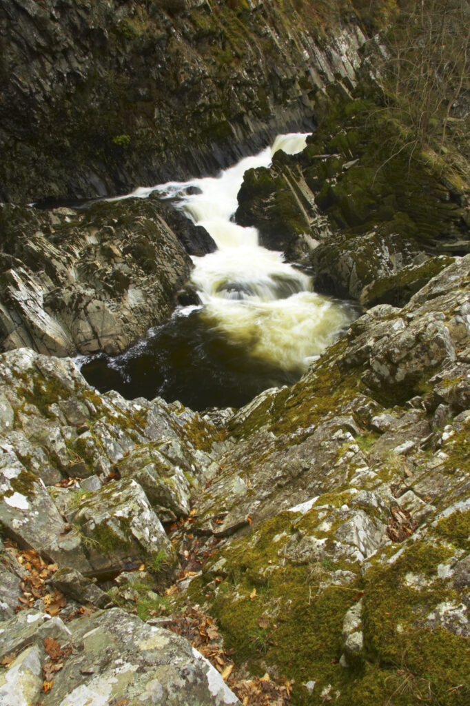 Wales, Caernarfonshire, Snowdonia National Park. The fast flowing waters of the Conwy Falls.