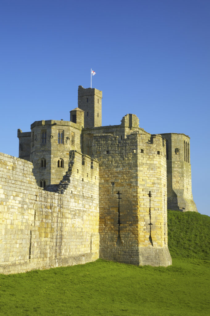England, Northumberland, Warkworth Castle. Warkworth Castle (English Heritage), a magnificent 12th century stone motte and bailey fortress, located near the Northumberland Heritage Coast.