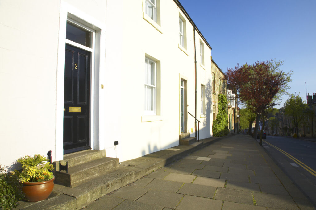 England, Northumberland, Warkworth. A bright, spring morning in Warkworth Village, located near the Northumberland Heritage Coast.