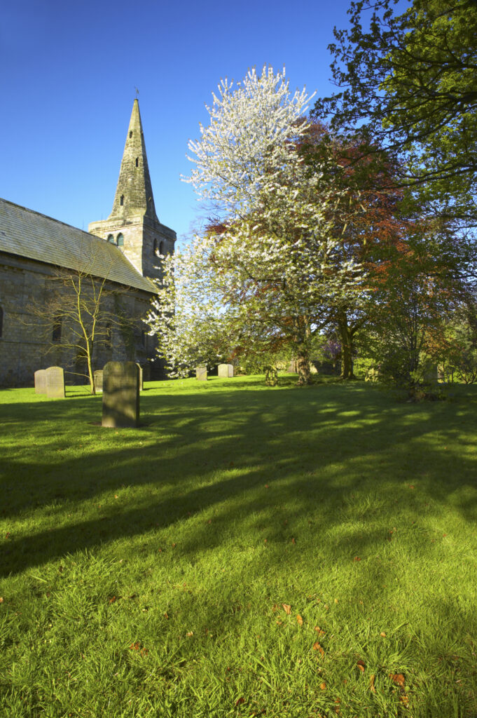 England, Northumberland, Warkworth. The church of St.Lawrence and the colours of spring foliage, in Warkworth Village, located near the Northumberland Heritage Coast.