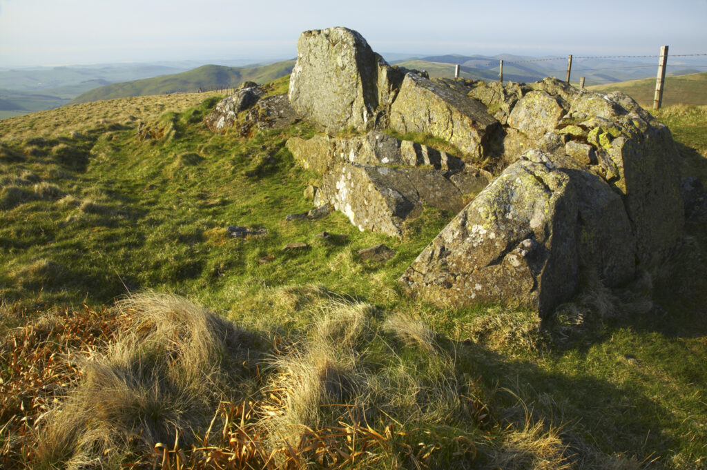 Scotland, Scottish Borders, The Pennine Way. The route of the Pennine Way high level route near Kirk Yetholm, following the double wire fence indicating the English / Scottish border.