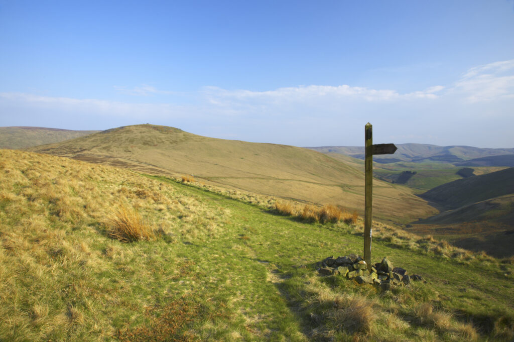 Scotland, Scottish Borders, The Pennine Way. The Pennine Way high level route meets the low level route heading towards Kirk Yetholm, with the Schil in the distance.
