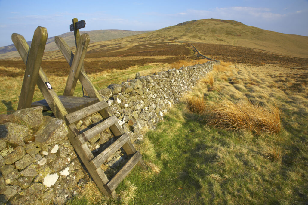 Scotland, Scottish Borders, The Pennine Way. Ladder Stile over a wall marking the England / Scotland border, with the Schil in the distance.