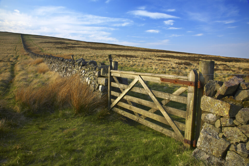 Scotland, Scottish Borders, The Pennine Way. Farmers gate in the wall marking the England / Scotland border, near the Schil.
