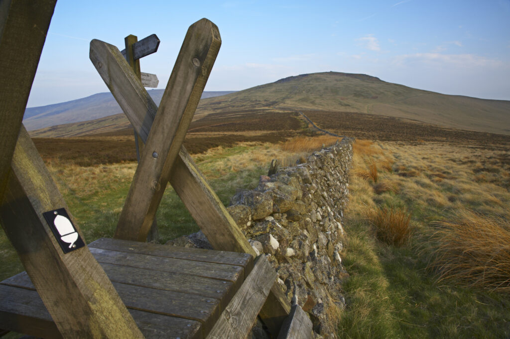 Scotland, Scottish Borders, The Pennine Way. Ladder Stile over a wall marking the England / Scotland border, with the Schil in the distance.