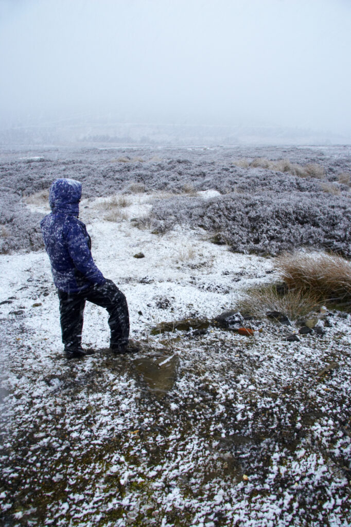 England, North Yorkshire, North York Moors National Park. Female hiker admiring the barren landscape of the moors during a spring snowfall near Eller Beck Bridge.