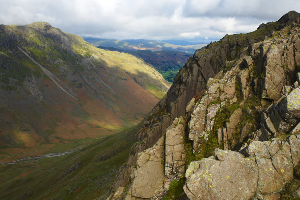 England, Cumbria, Lake District National Park. View looking down the Mickleden into the Great Langdale Valley near Dungeon Ghyll