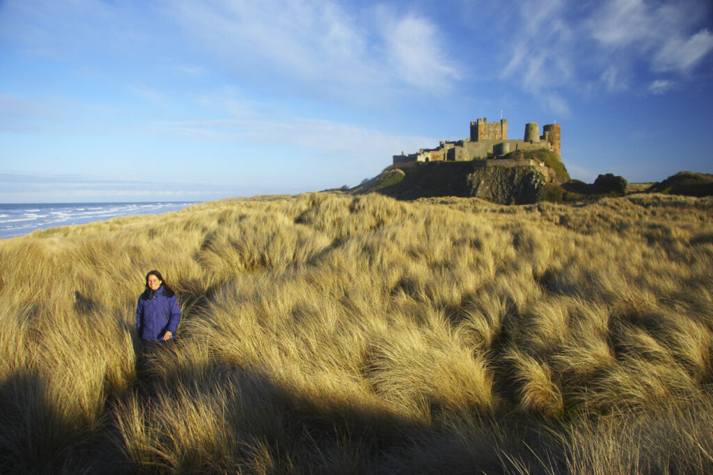 England, Northumberland, Bamburgh Castle. Hiker walking through dunes near Bamburgh castle in Bamburgh.