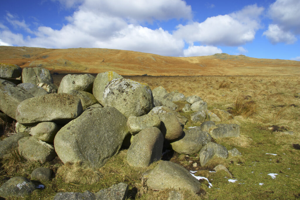 England, Northumberland, Northumberland National Park. A winter scene with a cairn of rocks / boulders found at the foothills of the Cheviots and the Breamish valley near the village of Ingram situated within the Northumberland National Park in the northen england county of Northumberland about 8km east of the border with Scotland.