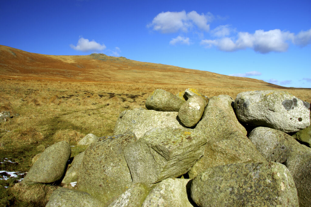 England, Northumberland, Northumberland National Park. A winter scene with a cairn of rocks / boulders found at the foothills of the Cheviots and the Breamish valley near the village of Ingram situated within the Northumberland National Park in the northen england county of Northumberland about 8km east of the border with Scotland.