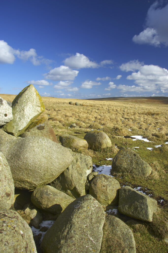 England, Northumberland, Northumberland National Park. A winter scene with a cairn of rocks / boulders found at the foothills of the Cheviots and the Breamish valley near the village of Ingram situated within the Northumberland National Park in the northen england county of Northumberland about 8km east of the border with Scotland.