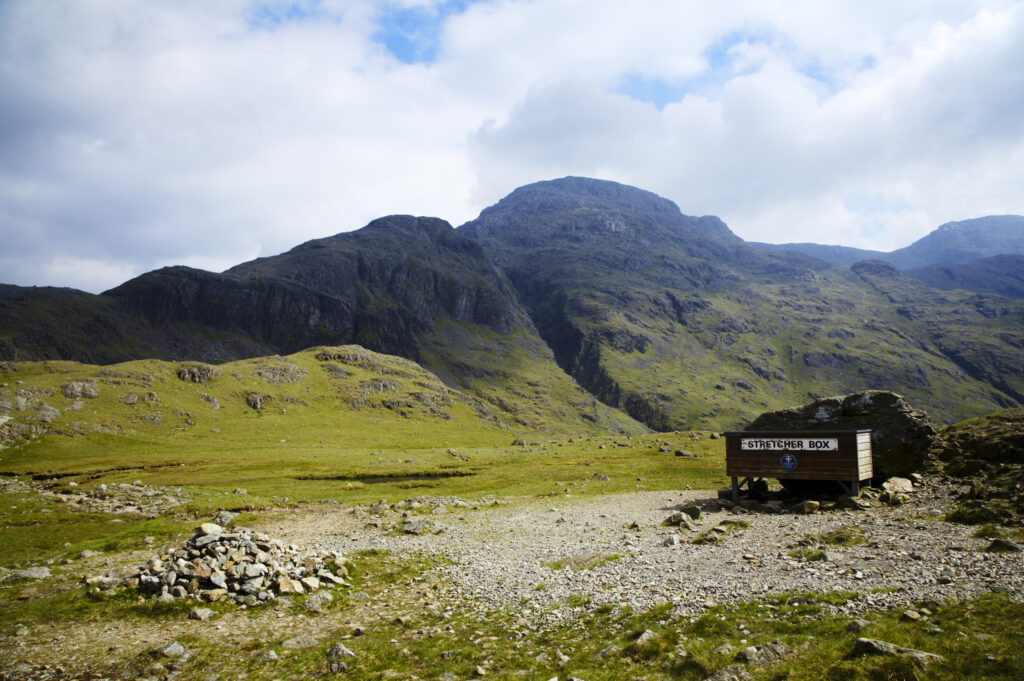 England, Cumbria, Lake District National Park. Mountain rescue stretcher box and rescue post near Great Gable
