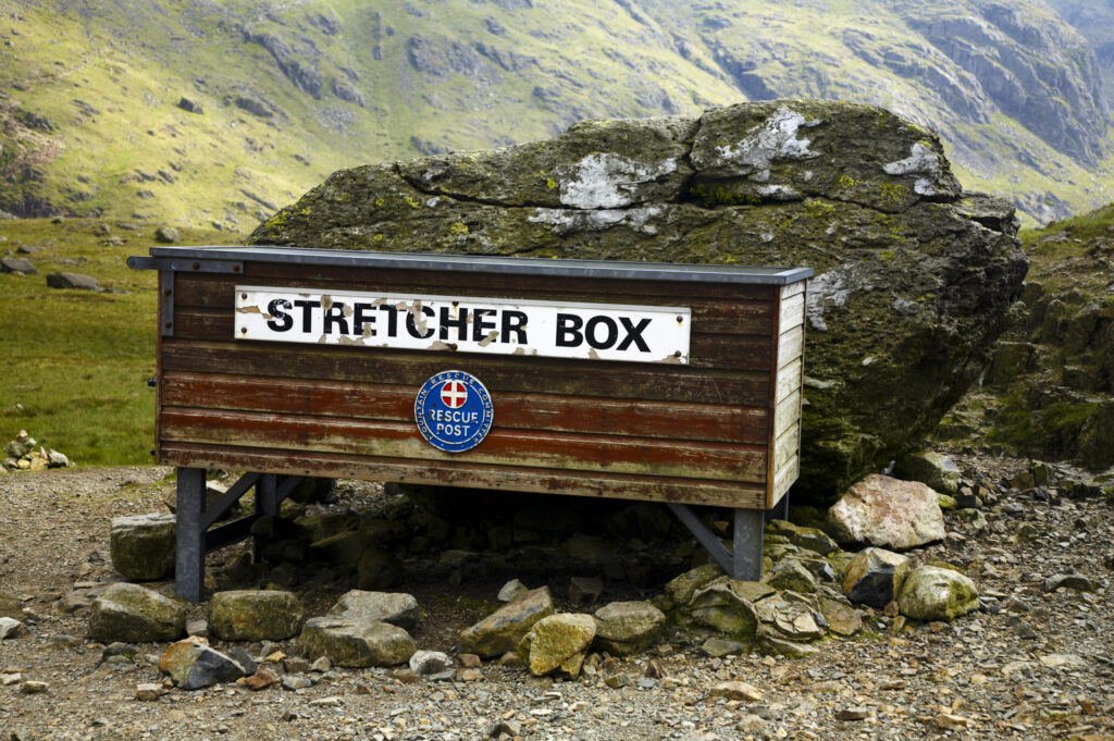 England, Cumbria, Lake District National Park. Mountain rescue stretcher box and rescue post near Great Gable