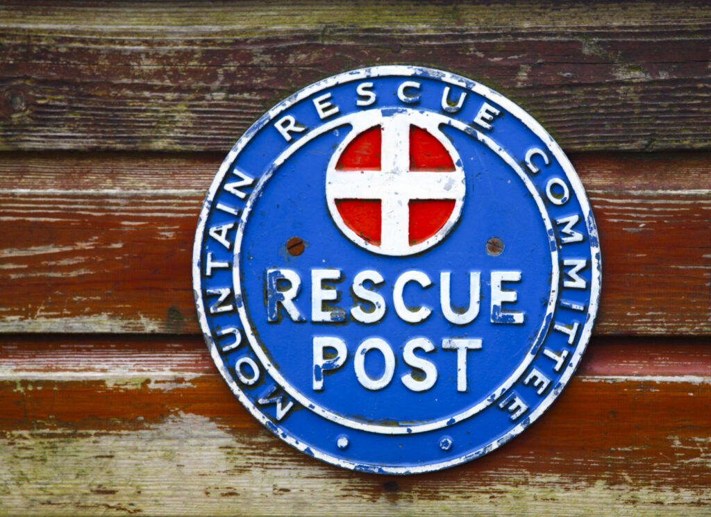 England, Cumbria, Lake District National Park. Mountain rescue stretcher box and rescue post near Great Gable