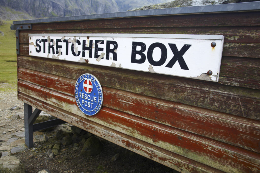 England, Cumbria, Lake District National Park. Mountain rescue stretcher box and rescue post near Great Gable