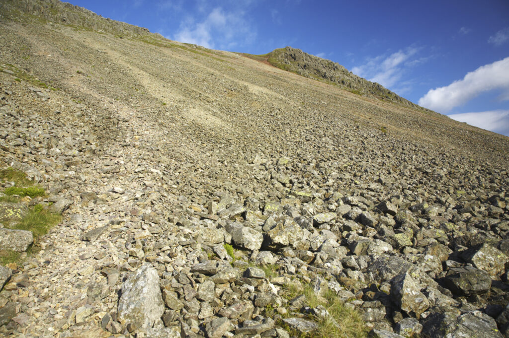England, Cumbria, Lake District National Park. Scree slope on the side of Great Gable in the Western Lakes.