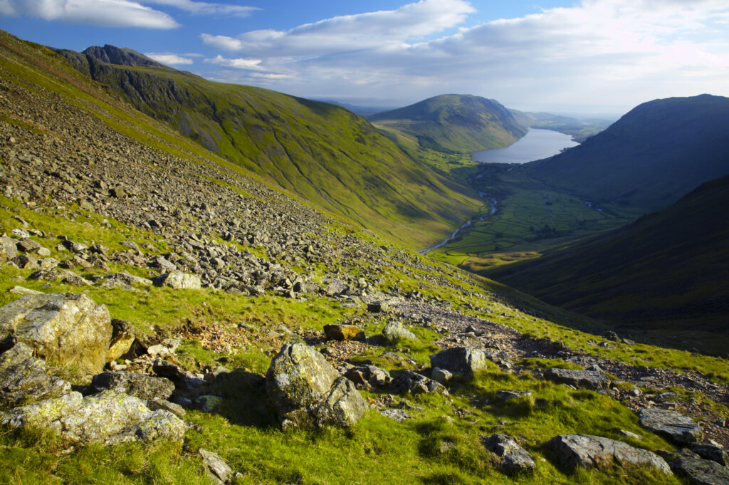England, Cumbria, Lake District National Park.View from the lower slopes of Great Gable towards wastwater and wasdale