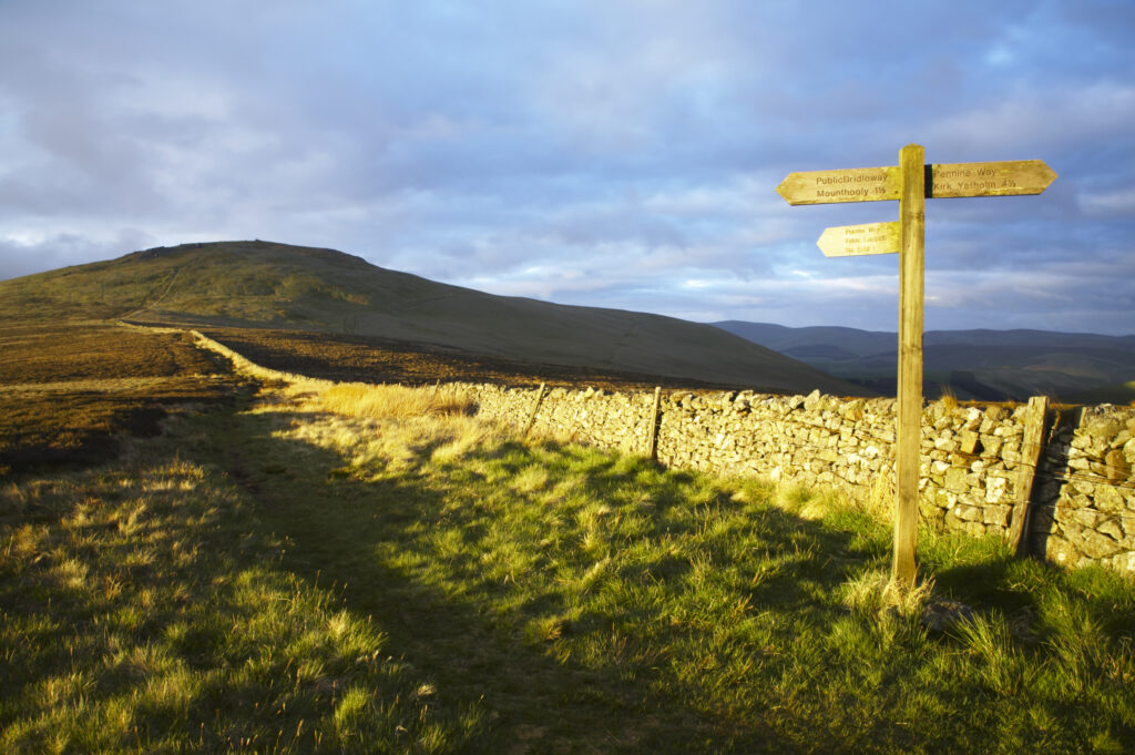 England Northumberland The Pennine Way Ladder Stile over a wall marking the England Scotland border with the Schil in the distance.