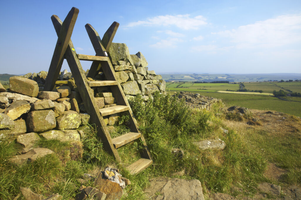 England, Northumberland, Northumberland National Park. A ladder stile over a wall along the Hadrians Wall path near Once Brewed in the Hadrians Wall World Heritage Site