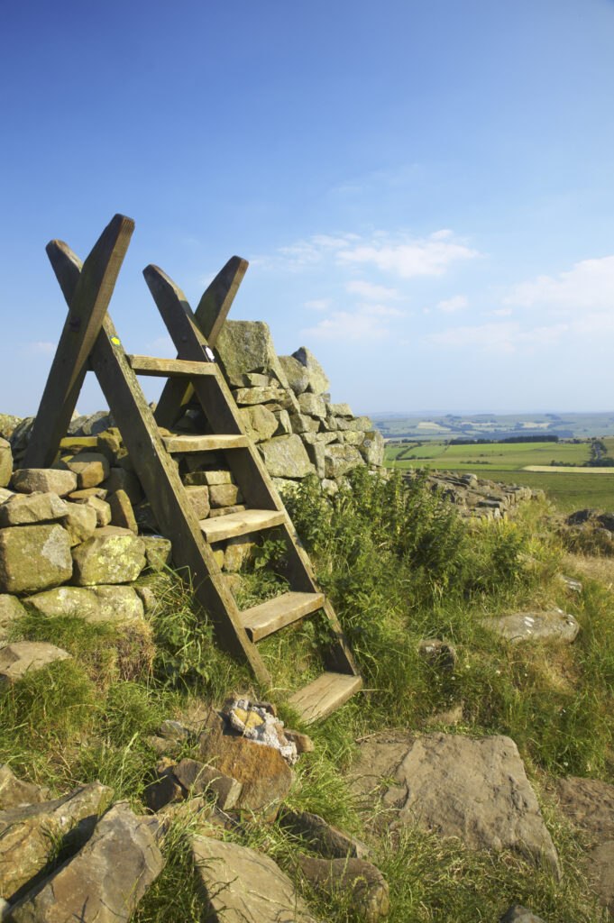 England, Northumberland, Northumberland National Park. A ladder stile over a wall along the Hadrians Wall path near Once Brewed in the Hadrians Wall World Heritage Site