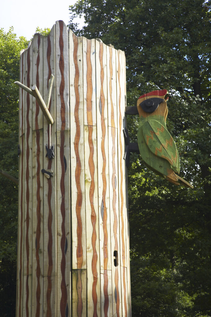 ENGLAND Worcestershire Wyre Forest Wooden wood pecker on a feature near the visitor centre.