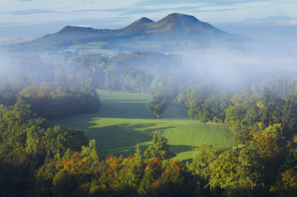 Scotland, Scottish Borders, Melrose. The Eildon Hills, viewed in Autumn from the famous viewpoint of Scott's View near Newton St Boswells.